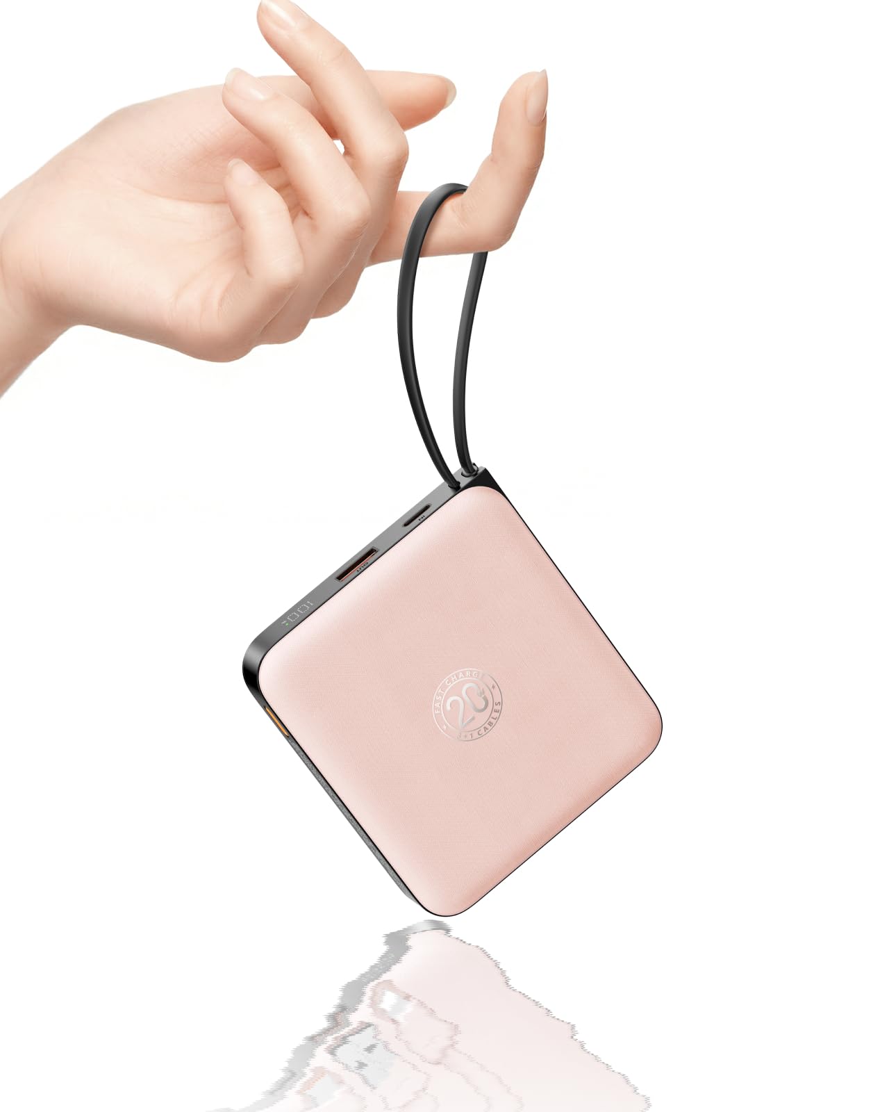 VRURC Portable Charger for iPhone Built-in Cables, 22.5W USB C Fast Charging 10000mAh Pocket Power Bank, Battery Pack for iPhone 17 16 & Samsung Galaxy S26 S25 etc Android, Pink(1 Pack)
