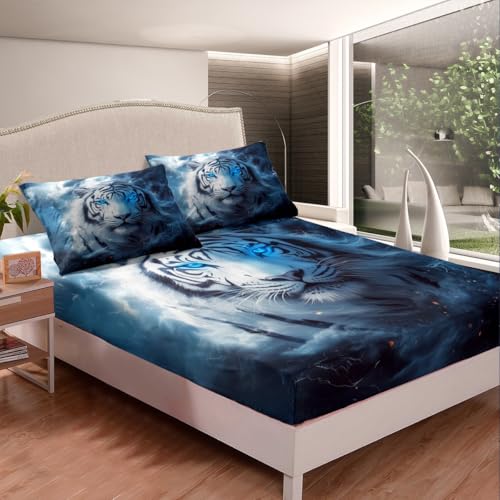 Feelyou Tiger Bed Sheets Set Full Size Safari Cat Print Bedding Set for Kids Boys Girls Wildlife Sheets with Deep Pocket Fitted Sheet Wild Animal Bedding Set - color: Black Blue, size: Full