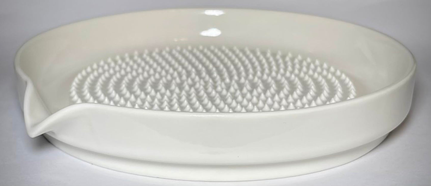 BonCera, Premium Ceramic Garlic Grater Plate 3-Piece Set - White Modern Design and Style - For Garlic, Ginger, Chocolate, and more! - Comes with 6.5" Plate, Peeler, and Brush