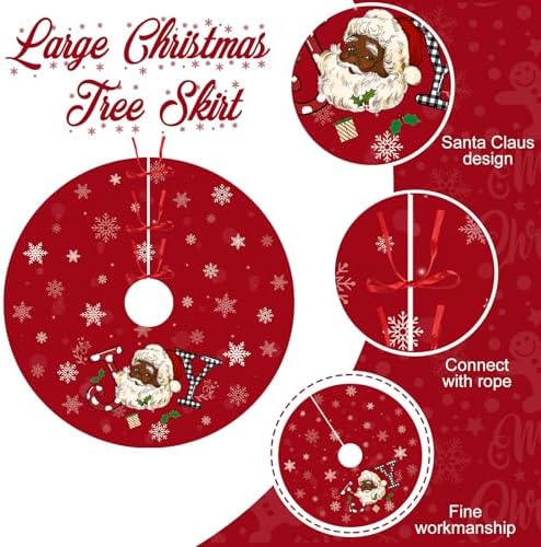 Tiamon Christmas Tree Skirt - 48 Inch Red African American Xmas Tree Mat Decor Snowflake Joy Santa Claus Decor for Winter Holiday Christmas Decoration Supplies