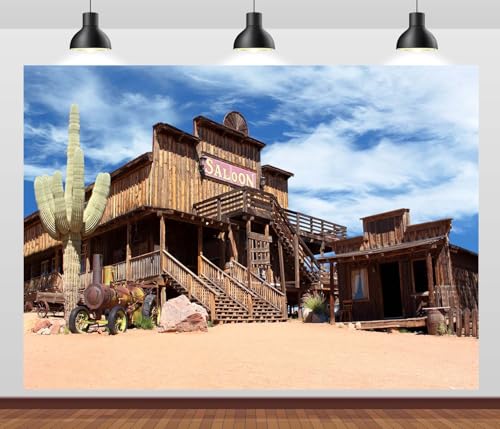 8x8ft Fabric Western Town Backdrop Western Town Saloon Photography Background Countryside Wood House Background Rural Western Bar Desert Photo Backdrop Birthday Party Photo Prop - size: 8x8ft