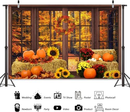 Leowefowa 12x10ft Vinyl Fall Window Backdrop Autumn Forest Pumpkin Photography Background Thanksgiving Party Decorations Baby Shower Birthday Party Background Photo Booth Props - size: 12x10ft