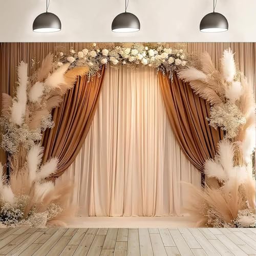 Bohemian Backdrop Beige Curtains Background Pampas Grass Floral Interior Decoration Girl Birthday Party Wedding Pregnant Portrait Photo Newborn Baby Photo Studio Props (5X3FT) - size: 5X3FT