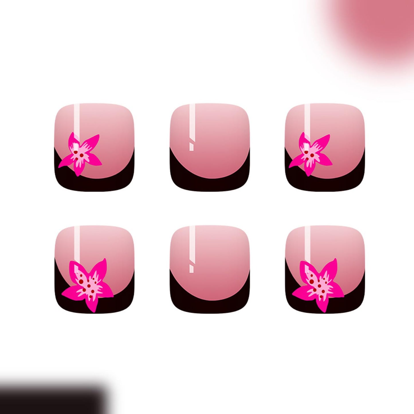 Black French Tip Press on Toenails Short Square Fake Toe Nails with Pink Flower Design Acrylic Toe Nail Press ons Glossy Summer False Toenails Stick on Toe Nails for Coquette Women 24Pcs