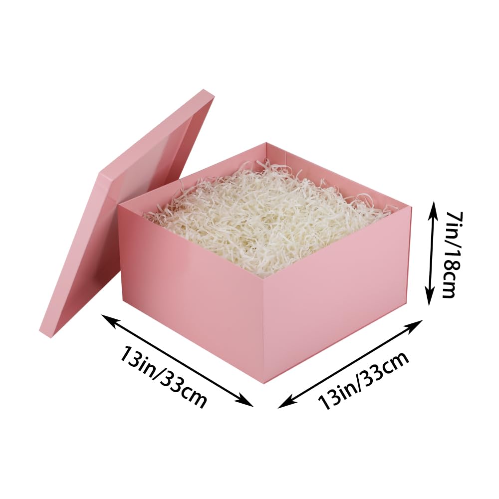 UoeRing 1Pcs Pink Extra Large gift box with lids 13×13×7 Inches gift boxes for presents,Birthday Box (include Ribbon, Paper Shred Filler Gift Card & Envelopes)