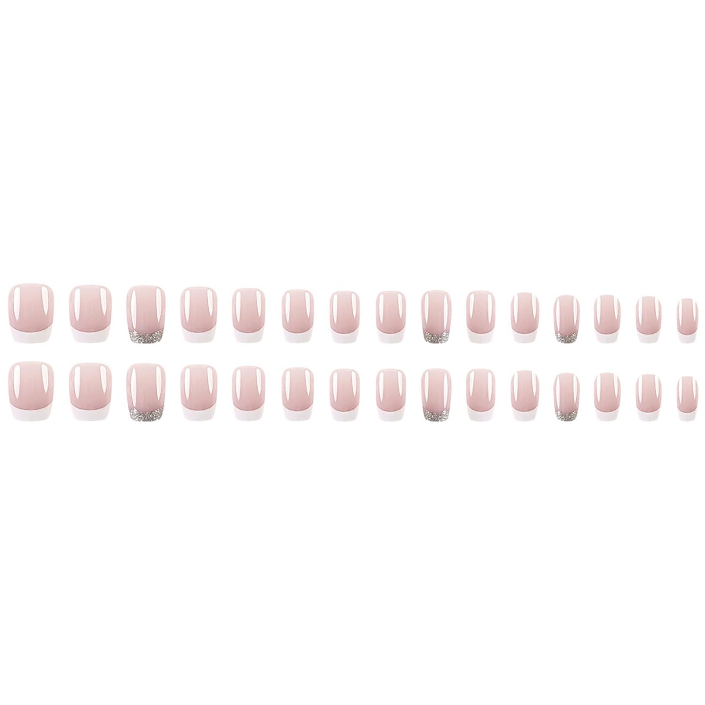 French Tip Glitter Short Square Fake Nails - Pink & White Glossy Design, Sparkly False Nails Glue On with Full Cover Acrylic Stick On Nails - 24 Pcs
