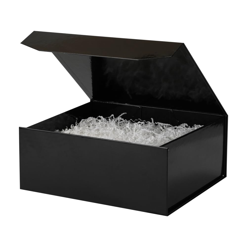 PACKGILO 6 Pcs Black Gift Box Large 13x11x5.3 Inch Black Large Gift Box with Crinkle Paper Magnetic Box with Shredded Paper Luxury Gift Boxes with Lids for Presents