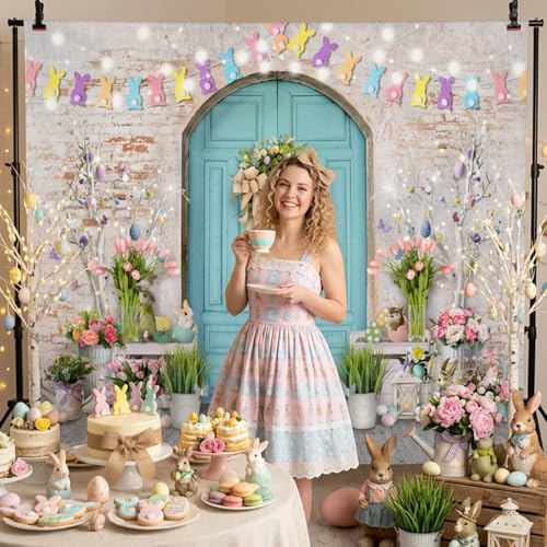 Mocsicka Easter Backdrop Blue Wooden Door with Brick Wall Bunny Rabbit Spring Photography Background Easter Day Party Decorations Photo Studio Props - size: 7x5ft (82x60 inch)
