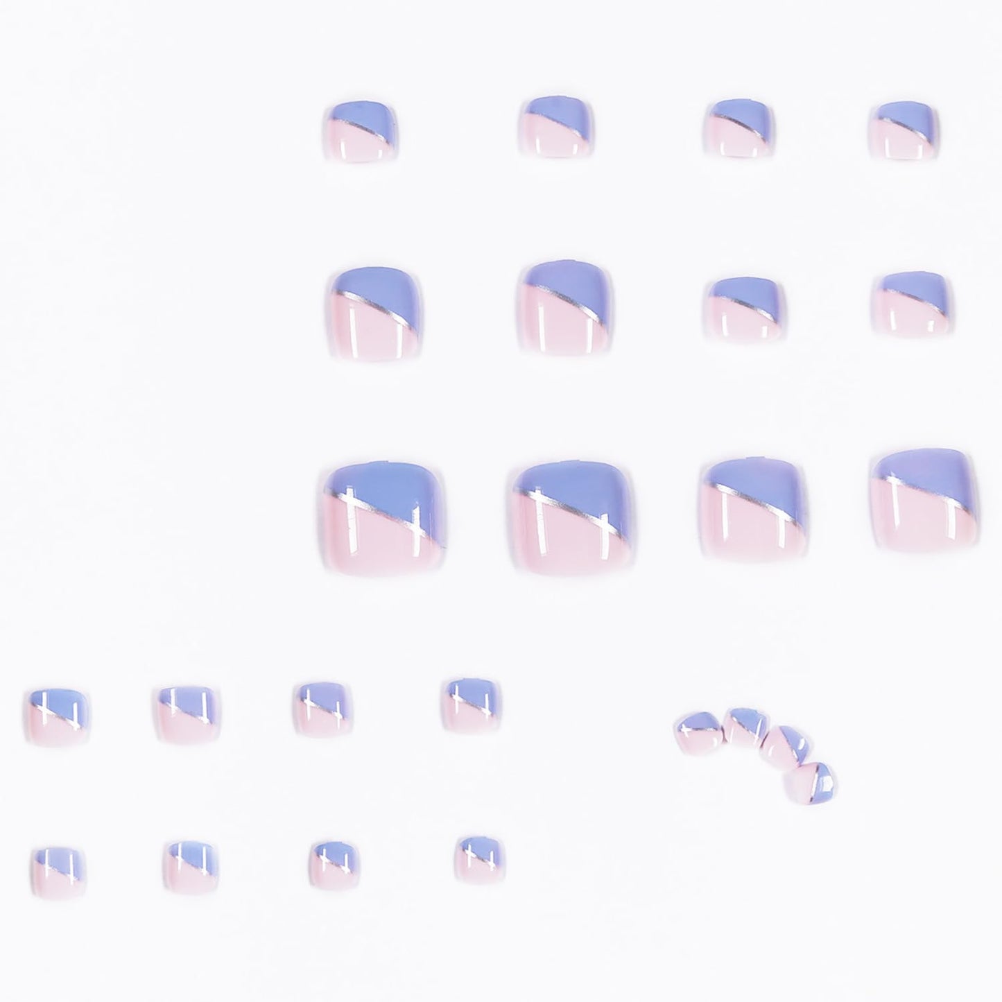 FIEONCIY 24pcs Press-On Square Acrylic False Nails Set with Glue, Blue French & Silver Line Designs, Spring/Summer Style, Full Cover Nails, Multicolor, Women's DIY Manicure Decorations