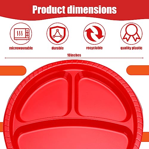 Umigy 100 Pcs 10 Inch 3 Compartments Divided Plastic Plates Bulk Colorful Disposable Heavy Duty Round Dinnerware for Valentine Wedding Birthday Party(Red) - color: Red