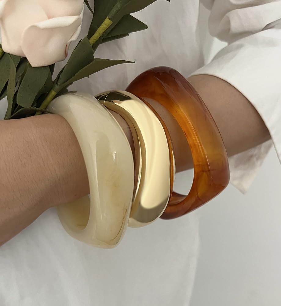 Chunky Gold Acrylic Bangle Bracelets for Women, Dainty 14k Gold Plated Big Stackable Orange Bangles Set, Trendy Cuff Bracelet Summer Beach Jewelry Gifts Amber Bangle