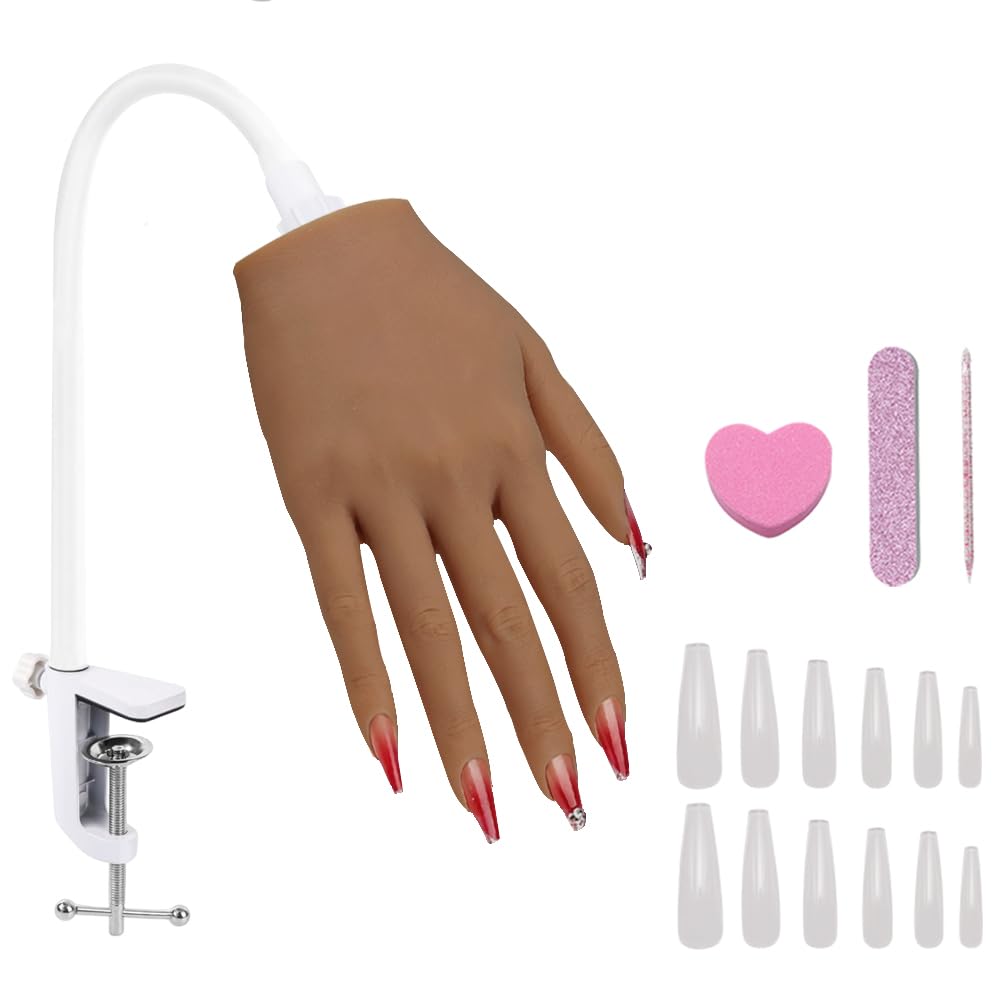 KnowU Silicone Nail Practice Hand, Acrylic Nails Manicure Model, Durable Nail Training Mannequin for Beginners and Professionals, Brown