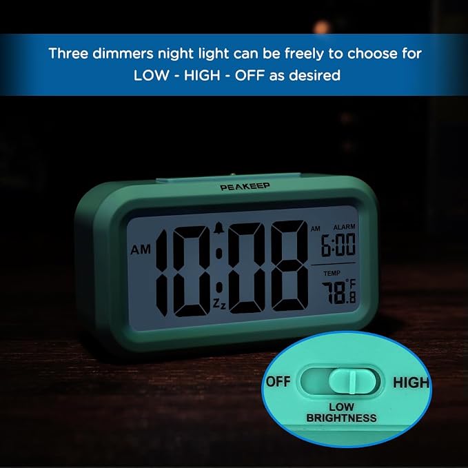 Peakeep Night Light Digital Alarm Clock Battery Operated Indoor Temperature | Small Cordless Cute Clock for Bedroom Desk Travel, Simple to Use for Teens Kids (Mint)