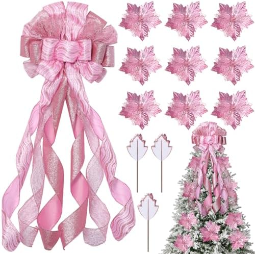Syhood 13 Pcs Christmas Bow Tree Topper Set Pink
