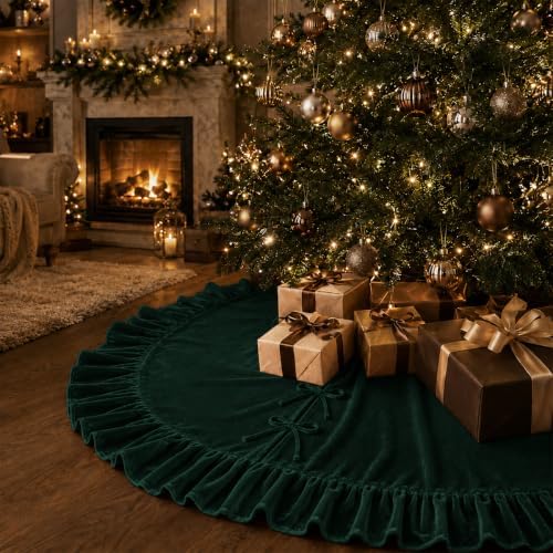 Christmas Tree Skirt,Velvet Tree Skirt with Ruffled Edge, Classic Large Velvet Fur Plush Tree Skirt for Merry Christmas(DarkGreen,36Inch)