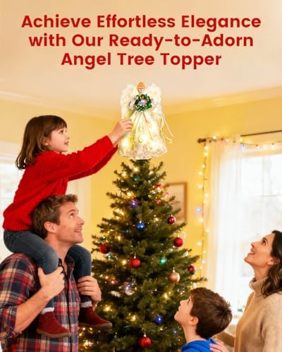 Angel Tree Topper with Lights | 12 Inch Christmas Angel Tree Topper with Feather Wings | Battery Powered Christmas Tree Toppers Lighted for Vintage Decor | Xmas Tree Topper Ornament, White