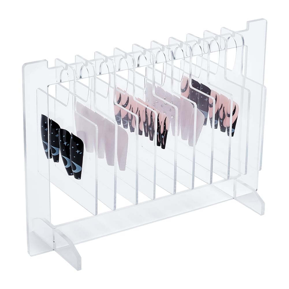 DELORIGIN Acrylic Nail Art Display Boards Clear Nails Tips Charm Sample Display Stand with 10pcs Hangers Nail Art Display Rack False Nail Organizer for Salon Nails Art Design Practice Manicure Tool