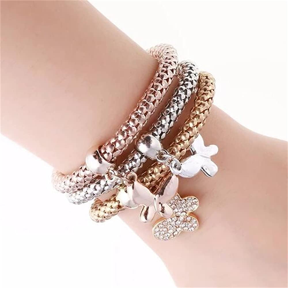 SILANER Crystal Charms Multilayer Bracelets - 3PCS Gold/Silver/Rose Gold Corn Chain Bracelet for Women, Solid Butterfly Charm Shaped Stretch Bracelet (Solid Butterfly Charm Bracelet)