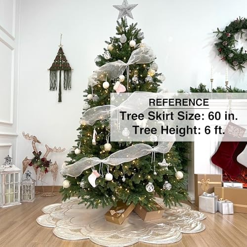 72-Inch Beaded Scalloped Christmas Tree Skirt in Foam-Lined Satin, Button-Loop Closures, Pearl White