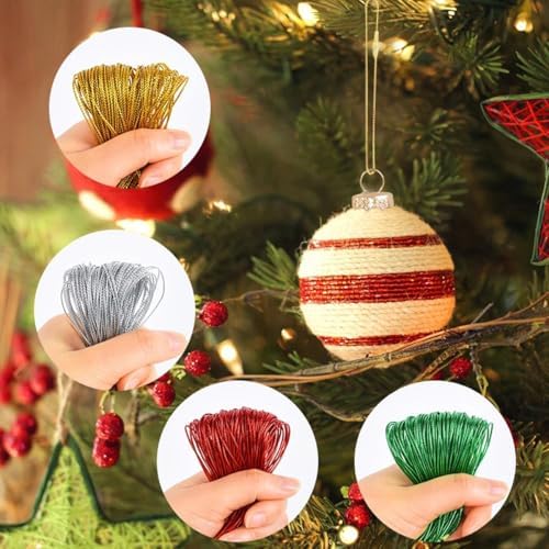 100pcs Ornament Hangers String, 7.87 Inch Precut Metallic Tinsel Rope Ornament Hanging Ropes with Snap Fastener for Christmas Tree Baubles Tags Party Favor, Red