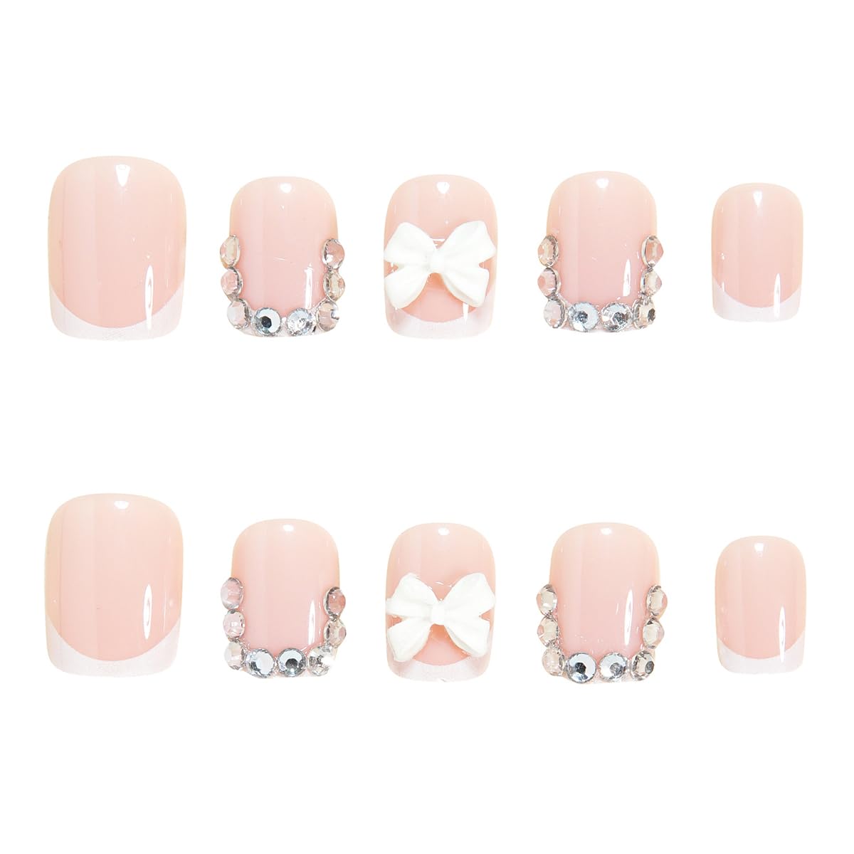 24Pcs Square Press on Nails Short French Tip Nails with 3D White Bow and Rhinestones, Pink Fake Nails Glossy Acrylic Stick on Nails Reusable False Nails for Women Wedding Party Daily DIY Manicure