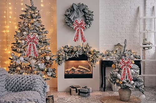 Hying Large Christmas Bows for Wreath, Christmas Wreath Bow Green Red Buffalo Plaid Bows Xmas Snowflake Burlap Tree Bows Ornaments for Front Door New Year Christmas Party Decoration Supplies