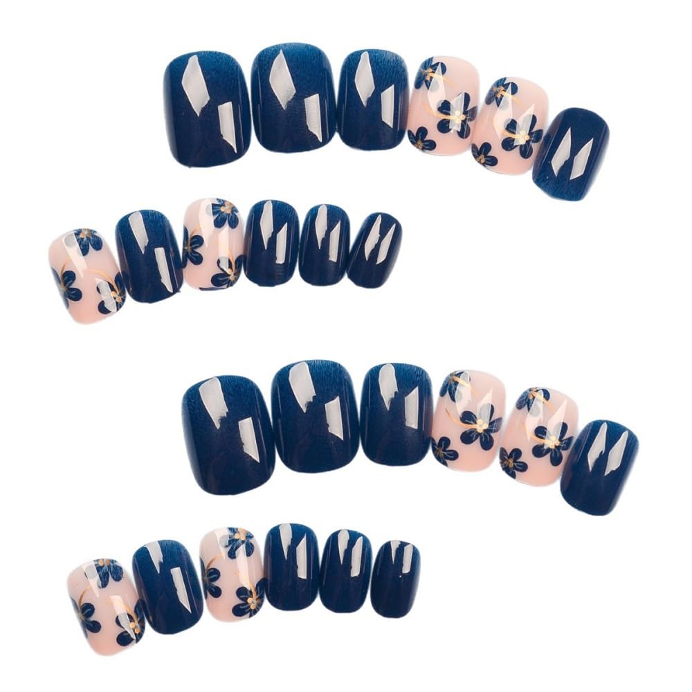 Flower Press on Nails Short Square Fake Nails with Blue Floral Design Glossy Dark Blue Glue on Nails Gold Lines Nails Press ons Reusable Full Cover Spring Summer Acrylic Nails for Women Manicure 24Pcs