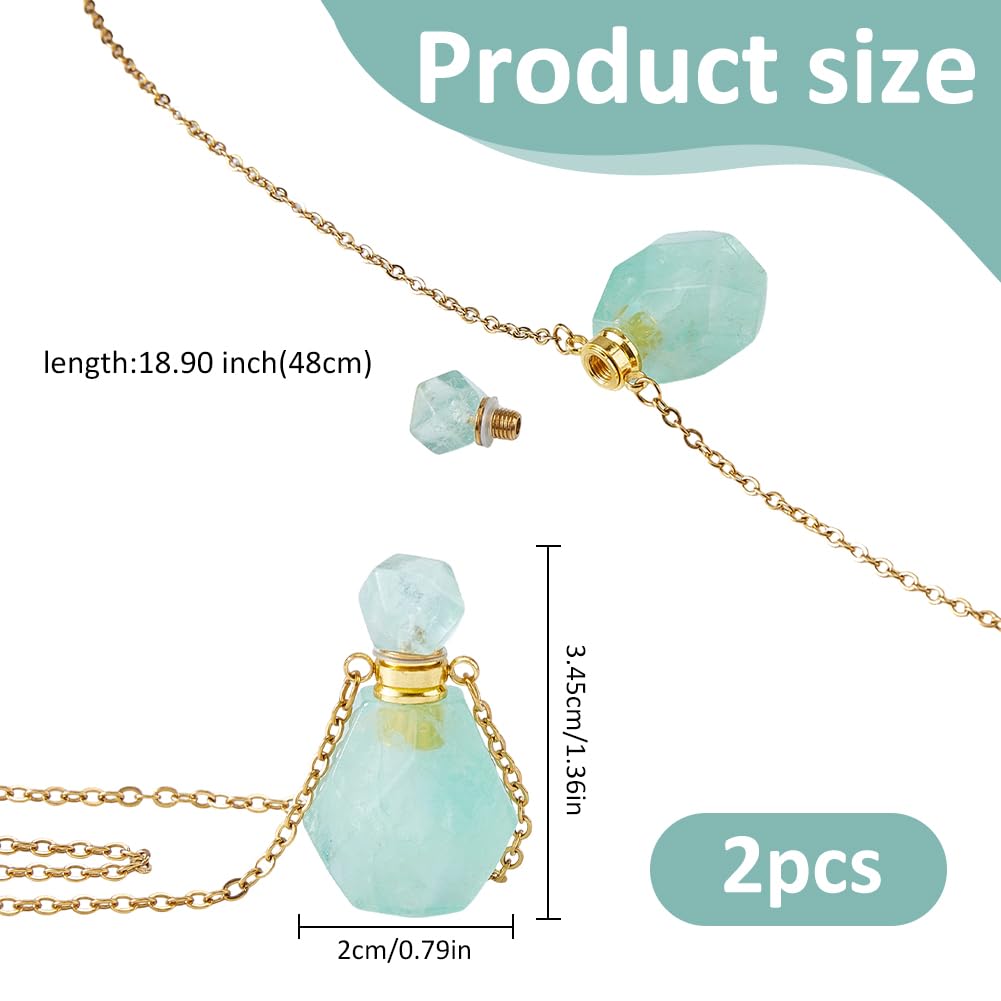 SUPERFINDINGS 2Pcs Perfume Bottle Necklace Essential Oil Diffuser Necklace Green Natural Fluorite Perfume Bottle Pendant with 304 Stainless Steel Chain Gemstone Vial Pendant for Woman Men