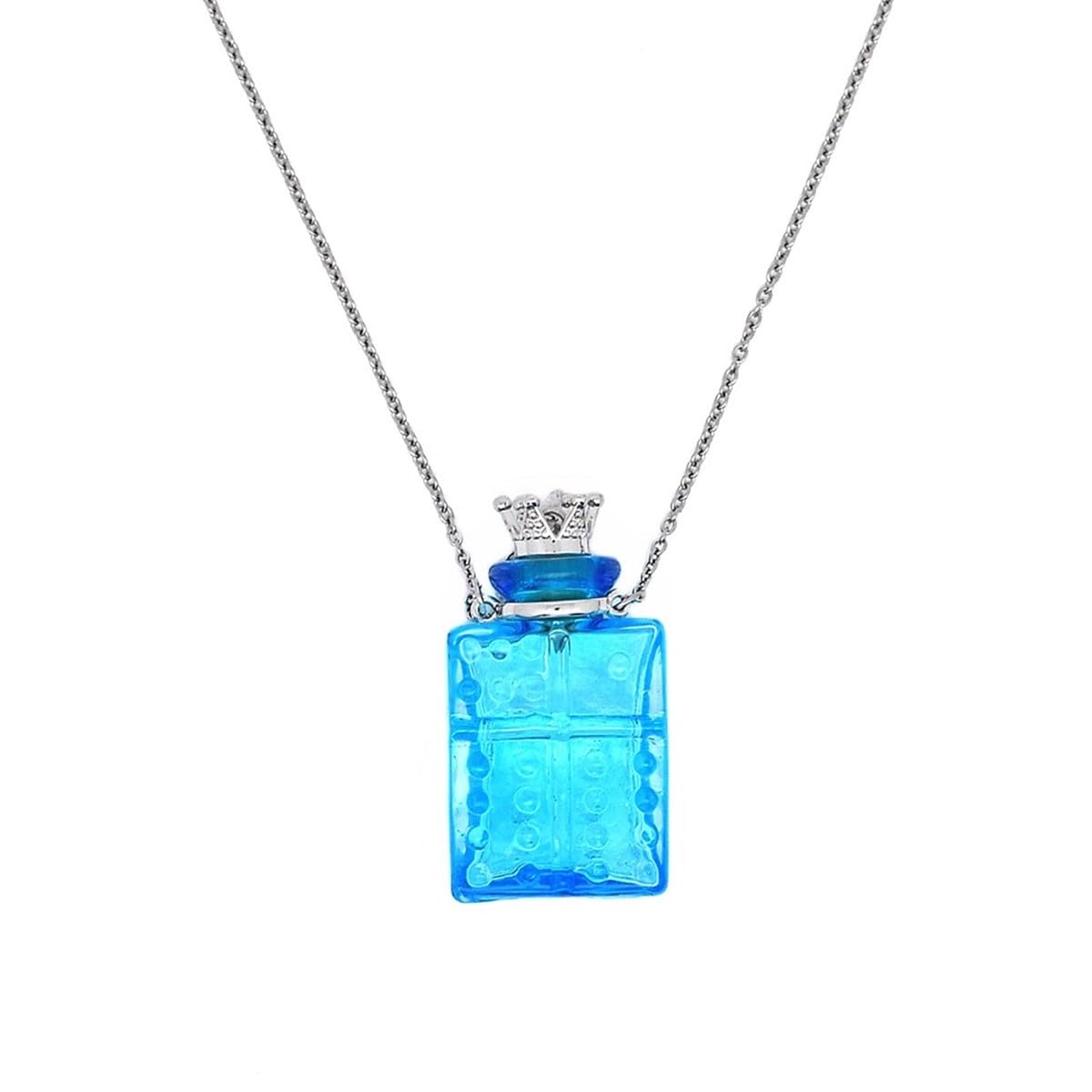 CoolDIY Handcrafted Glaze Glass Square Refillable Essential Oil Necklace Pendant - Aromatherapy Perfume Diffuser Pendant with Stainless Steel Chain (Light Blue)