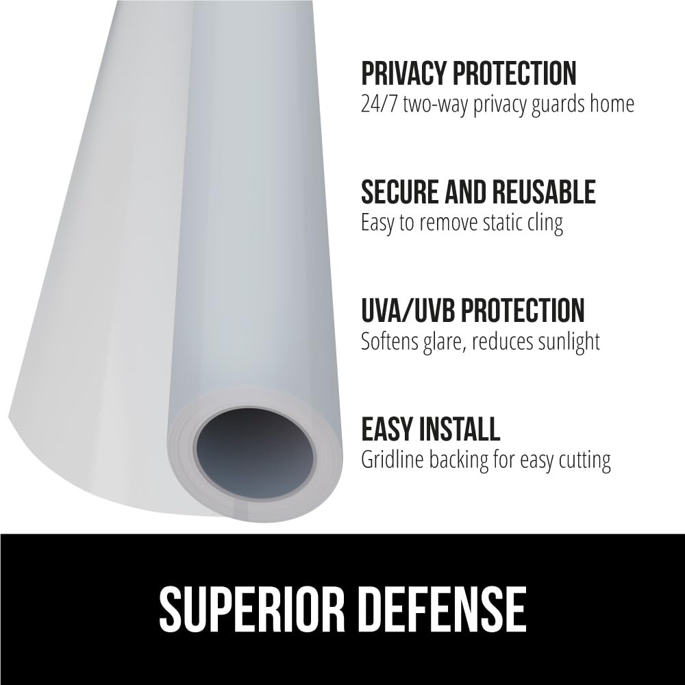 Gorilla Guard Window Privacy Film, Removable Two Way Sun Blocking, 23.6 x 78.7 Inch, Reusable No Residue Stickers, Strong Static Clings to Glass Windows, Decorative Bathroom Door Coverings, White
