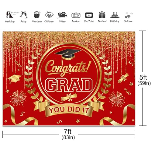 Graduation Backdrop Congrats Grad You Did It Party Decorations Background Congratulations Graduate Class of 2026 Banner Photo Booth Props (Red and Gold, 7x5ft) - color: Red and Gold