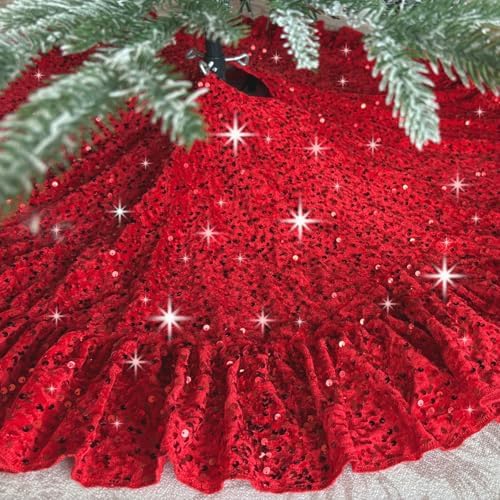Red Tree Skirt 45 Inch Sequin Christmas Tree Skirt Ruffle