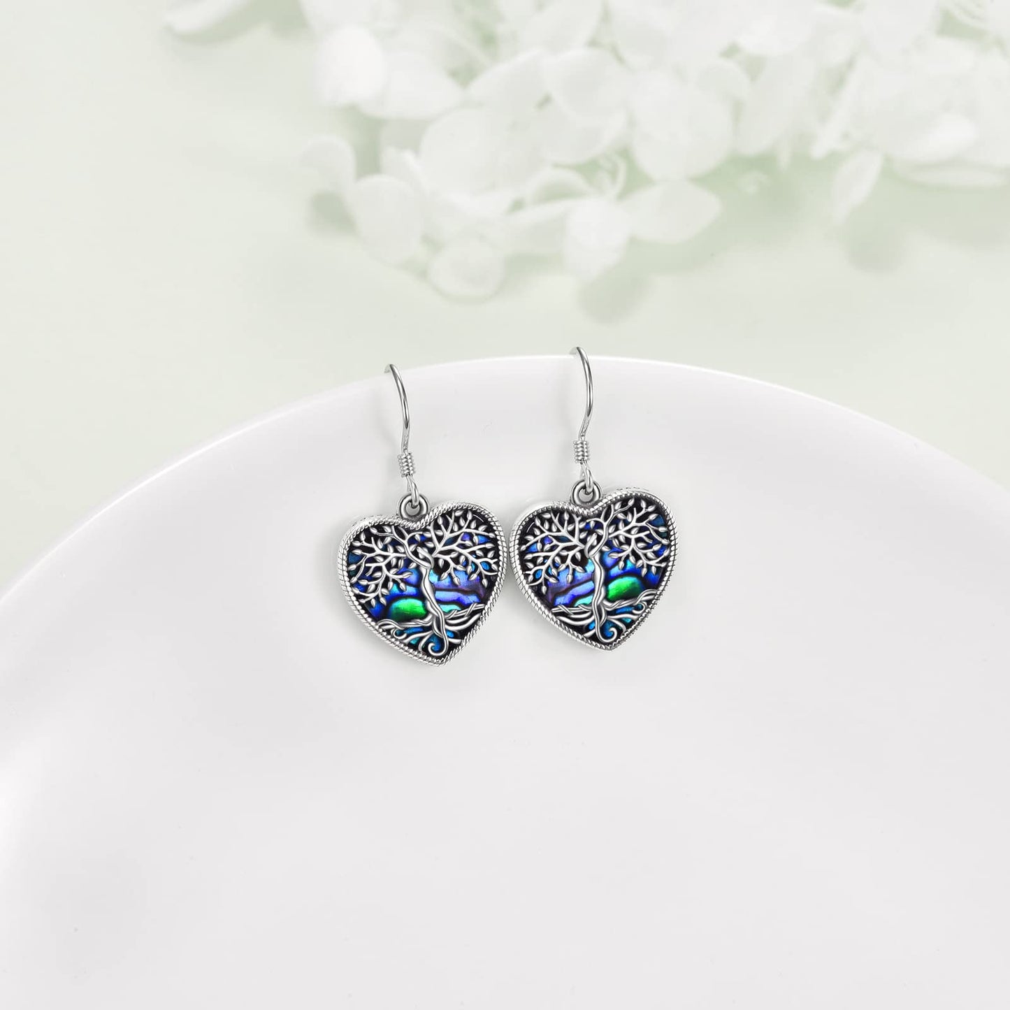 ONEFINITY Heart Tree of Life Earrings Sterling Silver Abalone Shell Tree of Life Dangle Drop Earring for Women Jewelry
