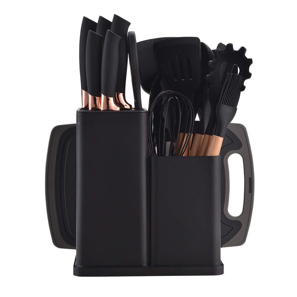 Kitchen Utensils Set & Knife Set with Block, 19 Piece All-in-One Cooking Set, 12 Nonstick Silicone Utensils + 5 Sharp Stainless Steel Chef Knives + Cutting Board, Dishwasher Safe Gift Set (Black)
