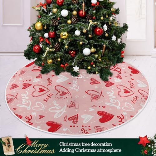 Pfrewn Valentine Tree Skirt 36" Red White Doodle Hearts Christmas Tree Skirts Mother's Day Xmas Mat for Holiday Festival Party Wedding Decor