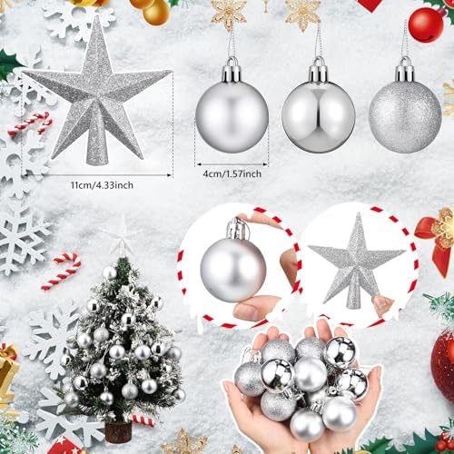 RoundFunny 25 Pcs Mini Christmas Balls Ornaments Set 1.57 Inch Christmas Day Ball Topper Star Tree Hanging Ornaments for Party Decoration(Silver)
