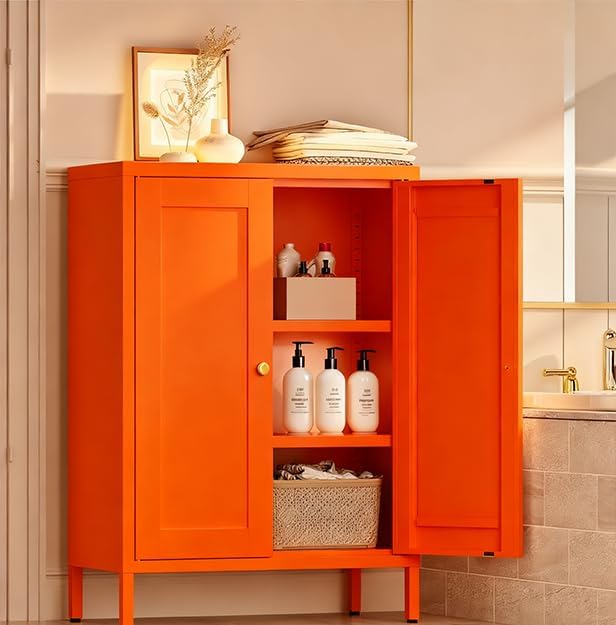 Orange Metal Sideboard Cabinet, Small Bathroom Storage Cabinets, Metal Storage Cabinet with 2 Doors and Adjustable Shelves for Kitchen Dining Room Living Room, Entryway,Office
