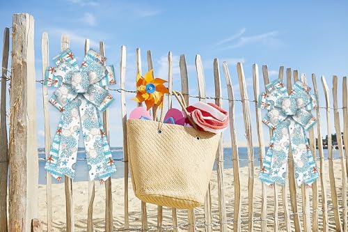 Large Summer Wreath Bows - Linen Sea Ocean Burlap Blue Sea Turtle Coral Ribbon Bows for Ocean Theme Decor Indoor Outdoor Tree Topper Wreath Decoration Supplies