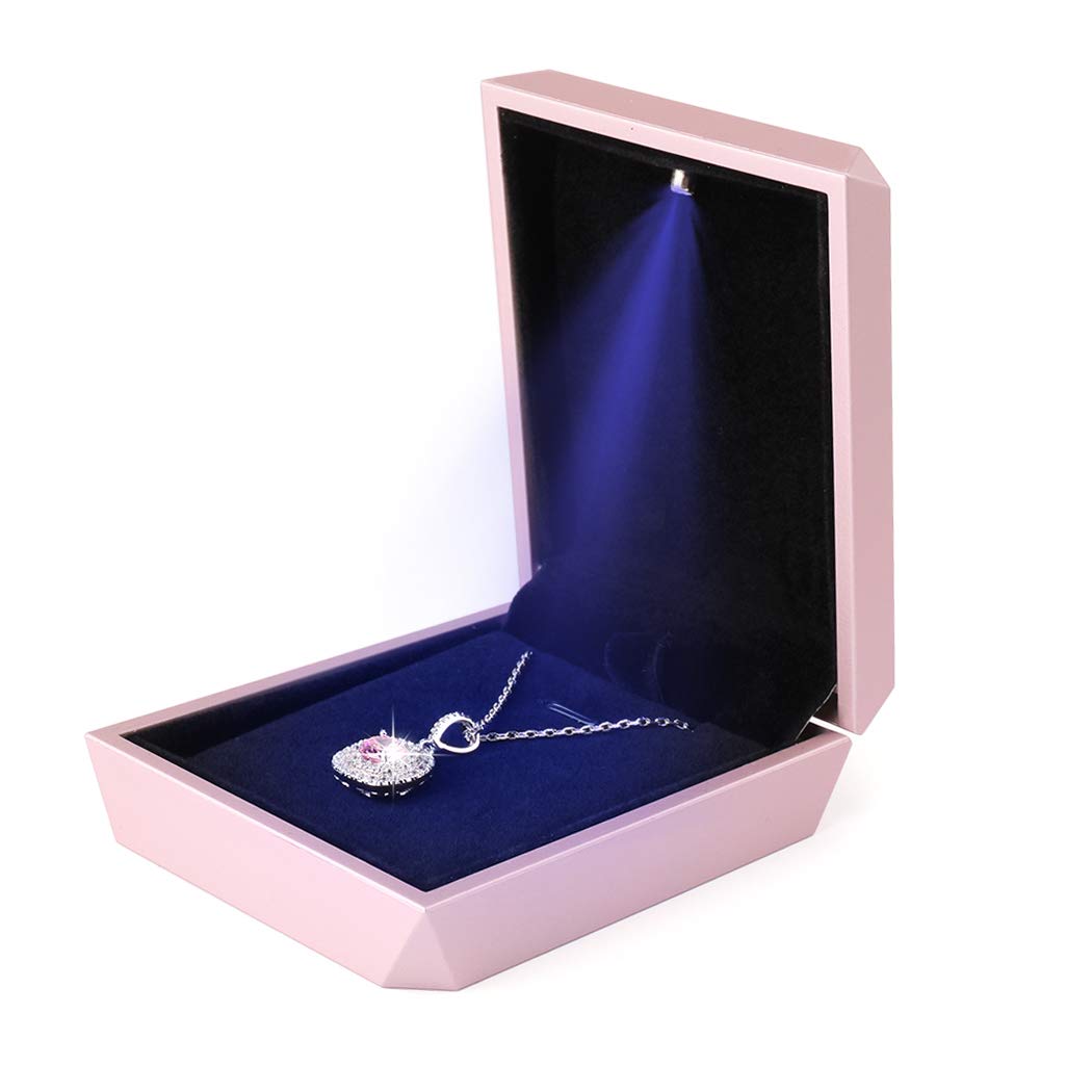 iSuperb LED Pendant Necklace Box Bracelet Box Couple Jewelry Gift Boxes Case Small Jewelry Display for Proposal Engagement Wedding (Pink)