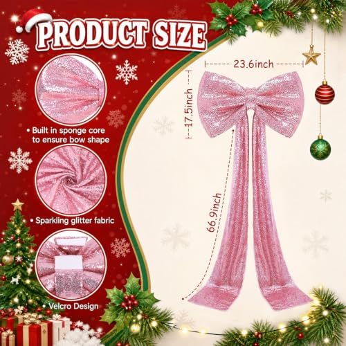 Giant Sequin Bow Pink Christmas Tree Bows 75 x 23 Inch Large Bow for Christmas Oversized Big Glitter Bows with Long Streamers for Front Door Xmas Tree Topper Room Wall Backdrop