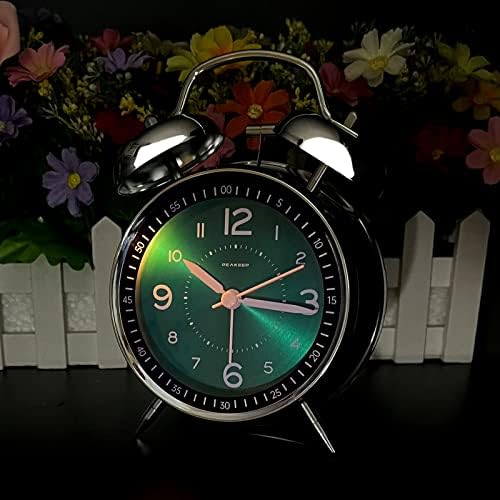 Peakeep Loud Alarm Clock for Heavy Sleepers Adults, Metal 4.5 Inches | Twin Bell Battery Operated Analog Alarm Clocks for Bedrooms Kids' Room Decoration (Peacock Green)