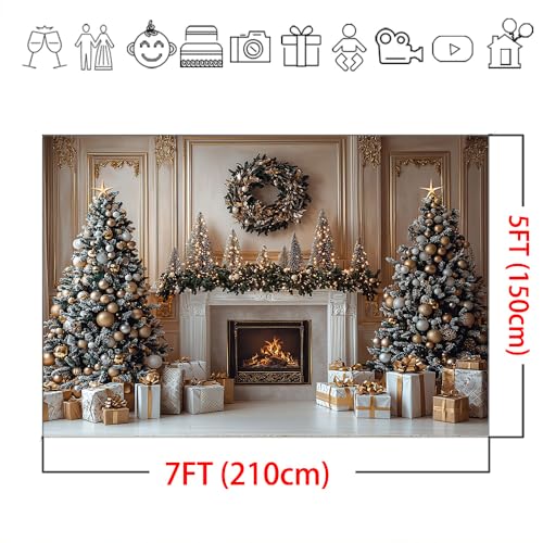 Mocsicka Christmas Fireplace Backdrop Gold Christmas Tree Fireplace Background Photography Decorations Christmas Eve Background Photo Props (7x5ft) - size: 7x5ft