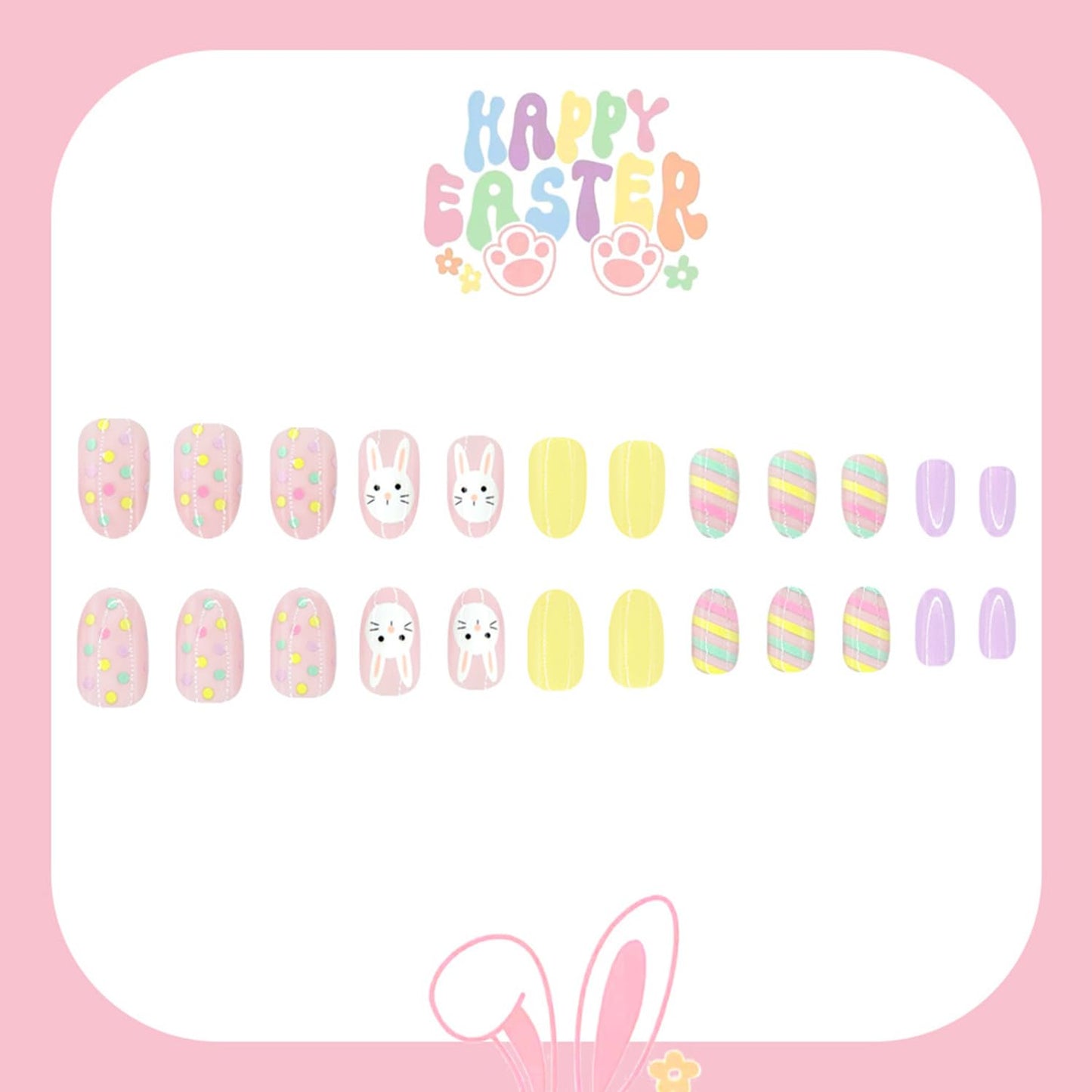 CJDLTS Easter Press on Nails Short Oval Artificial Acrylic False Nails Cute Rabbit Polka Dots with Colorful Stripe Full Cover Glossy Spring Glue on Nail Stick on Nail Artificial Fingernails for Women