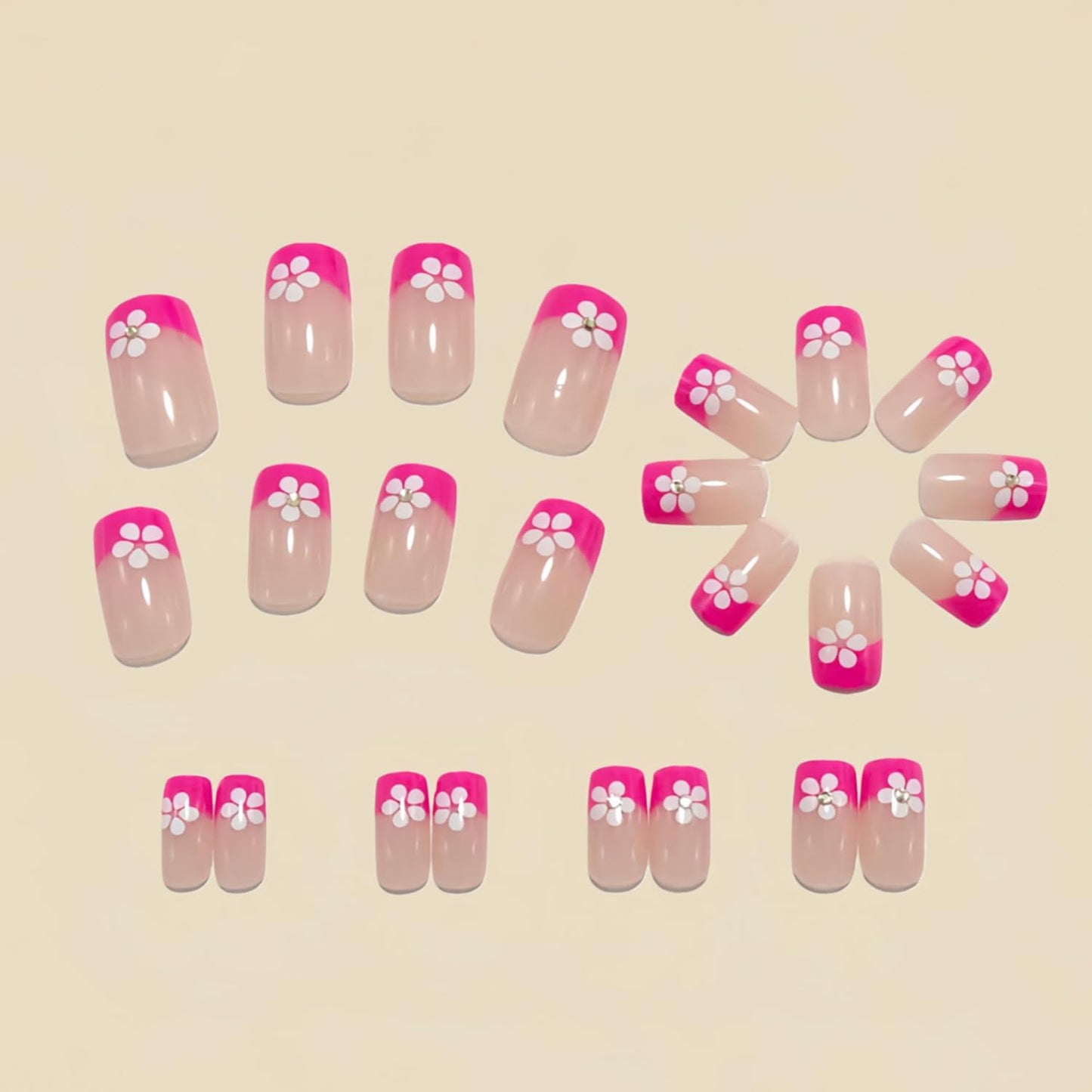 Pink French Tip Press on Nails Medium Square Fake Nails with Rhinestones Designs Flower False Nail Glossy Full Cover Acrylic Spring Floral Stick on Nail for Women 24Pcs