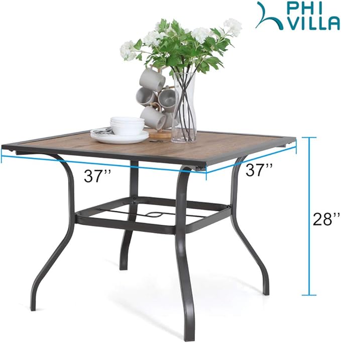 PHI VILLA Patio Dining Table for Outside, 37" x 37" Square Outdoor Dining Table for 4, Premium PVC Table Top with 1.57" Umbrella Hole and Metal Frame