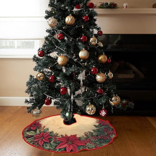 Poinsettia Flowers Christmas Tree Skirt 48 Inch by Leo Walker, Christmas Tree Ornaments, Rustic Xmas Tree Skirts Mat for Home Decor Xmas Party Tree Holiday Decorations