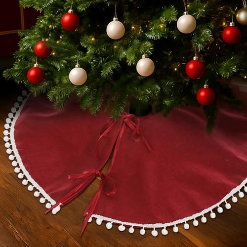 Syhood 30 Inch Christmas Tree Skirt Fall Linen Burlap Tree Skirt, Dark Red