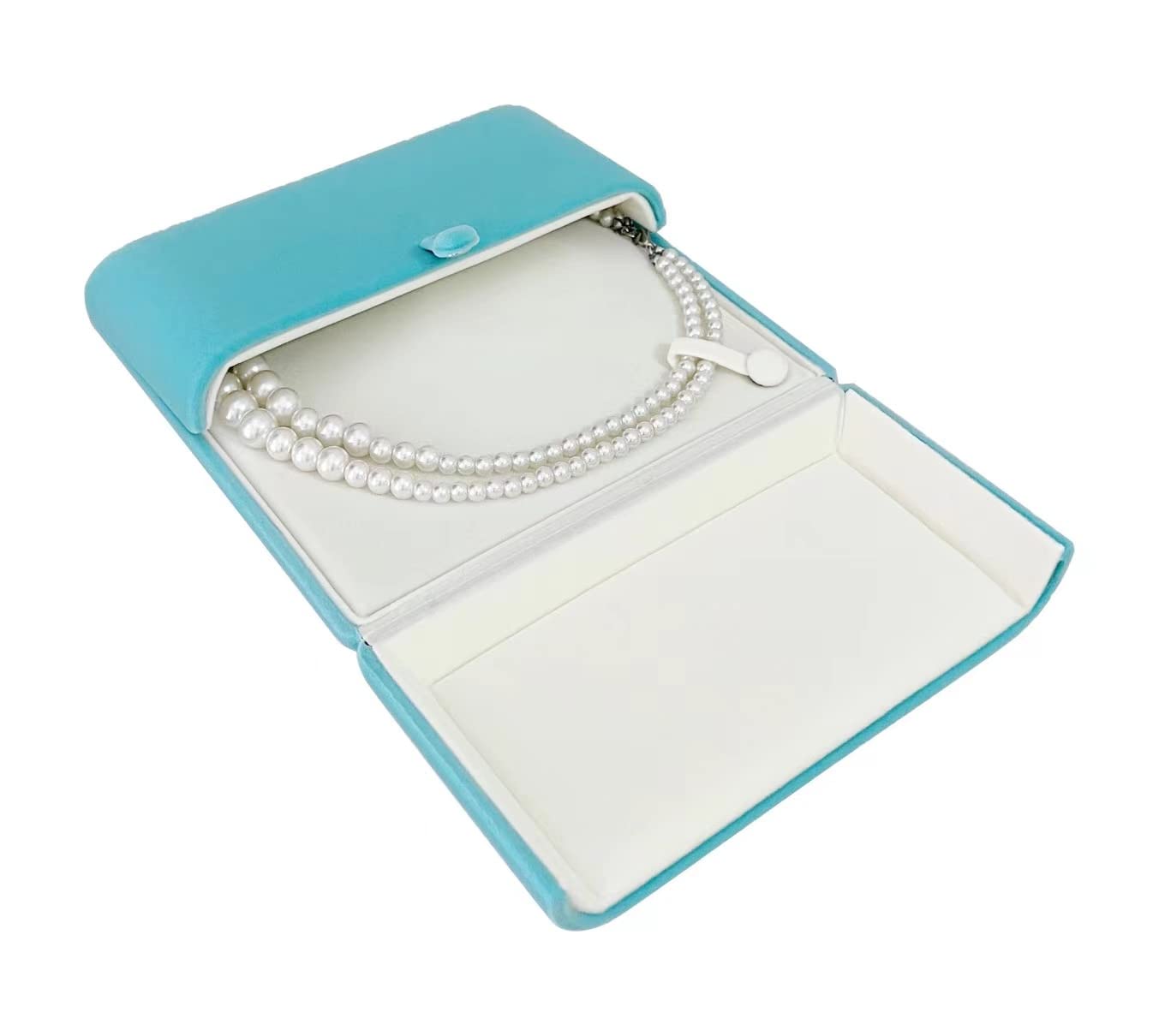 Aqua Teal Velvet Jewelry Box for Large Necklace Luxury Pearl Strand Presentation Case, Tri-Panel Flat Open Design, Button Clip Closure, Cream Velvet Interior, Gift Box for Wedding Birthday