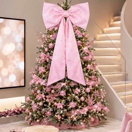HunnmingRe 24x43 in Satin Bow with Pearl Christmas Tree Topper,Pink