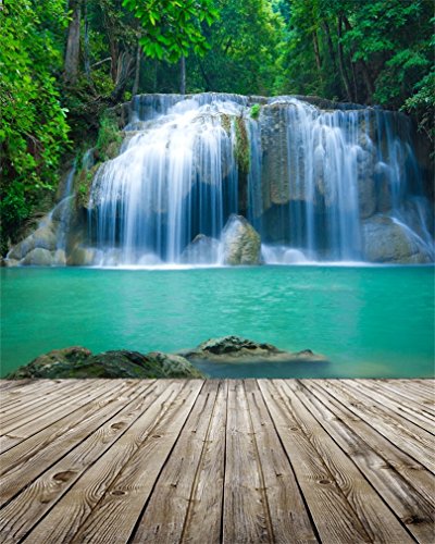 AOFOTO 4x5ft Waterfall Photography Backdrop Nature Landscape Falls Cascades Jungle Mountain Forest River Stream Lake Wooden Board Floor Background Adult Girl Boy Travel Portrait Photo Studio Props - size: 4x5ft